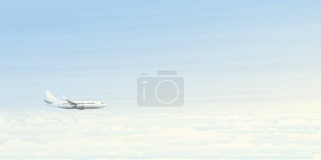 Illustration for Airplane side view flying above the clouds with blue sky background vector illustration. - Royalty Free Image