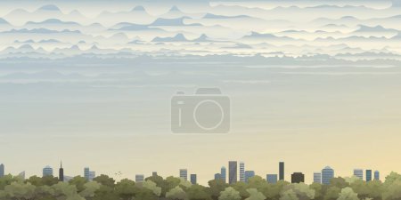 Ilustración de Paisaje urbano en la ilustración vectorial de la mañana tienen espacio en blanco. Cloudscape y silueta de edificios contra el cielo en diseño plano de otoño. - Imagen libre de derechos