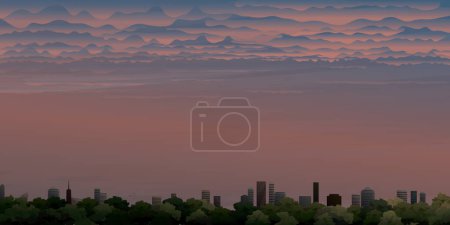 Stadtbild mit Vektor-Illustration zum Sonnenuntergang haben Leerzeichen. Gebäude Silhouette gegen den dramatischen Himmel im Herbst flache Gestaltung.