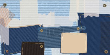 Abstract collage art mixed media with graphic denim jean textile on blue jean light wash colors background vector illustration.