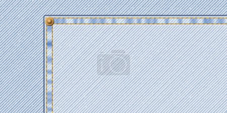 Ilustración de Denim azul jean luz lavado textil patrón fondo con costuras de oro, pliegue y latón pines marco vector ilustración. - Imagen libre de derechos