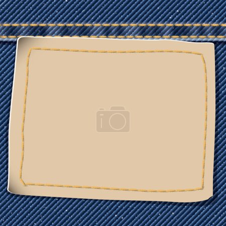 Ilustración de Insignia de cuero en blanco sobre fondo de patrón textil jean azul denim con costuras de oro e ilustración de vectores de pliegues. - Imagen libre de derechos