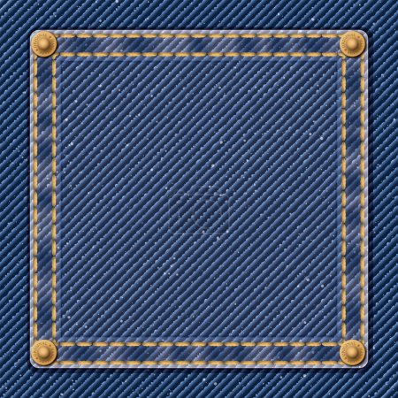 Ilustración de Denim jean azul patrón textil fondo con costuras de oro, pliegue y pines de latón marco vector ilustración. - Imagen libre de derechos
