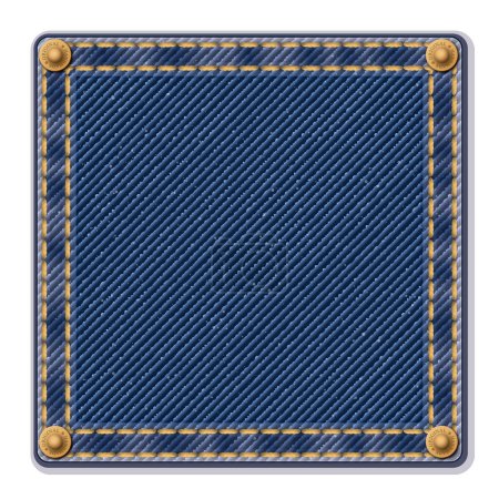 Ilustración de Denim azul jean patrón cuadrado insignia aislada con costuras de oro, pliegue y latón pines vector ilustración. - Imagen libre de derechos