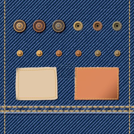 Ilustración de Plantilla de patrón textil jean azul denim con accesorios de ropa elementos aislados e insignia de cuero para la ilustración vectorial decoración. - Imagen libre de derechos