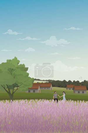 Illustration for Couple of lover hands holding together at lavender fields on the hill have country houses and mountain range behind vector illustration. - Royalty Free Image