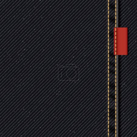 Ilustración de Denim jean negro patrón textil de color fondo cuadrado con costuras de oro, pliegue y etiqueta vector ilustración. - Imagen libre de derechos
