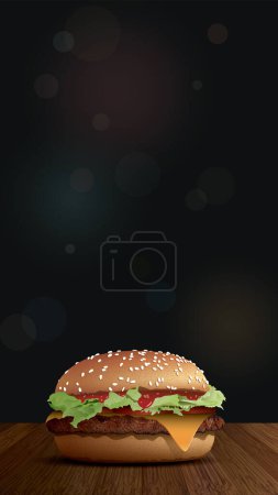Illustration for Homemade chessburger side view on wooden table have blurred night life vertical background with bokeh effect vector illustration have blank space for advertisement. - Royalty Free Image