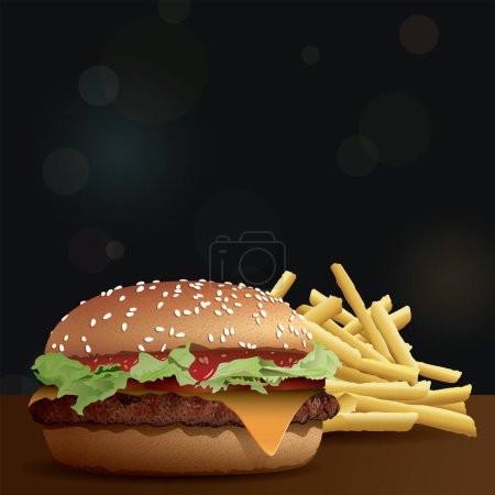 Illustration for Homemade cheeseburger side view and french fries on wooden table have blurred night life square background with bokeh effect vector illustration have blank space for advertisement. - Royalty Free Image