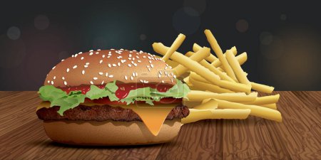Illustration for Homemade cheeseburger side view and french fries on wooden table have blurred night life background with bokeh effect vector illustration have blank space for advertisement. - Royalty Free Image