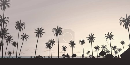 Illustration for Silhouetted coconut palm trees at the beach with vanilla sky rectangle background vector illustration. Summer traveling and party at the beach concept flat design with blank space. - Royalty Free Image
