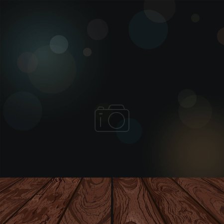 Ilustración de Mesa de madera y vida nocturna borrosa fondo cuadrado con ilustración vectorial efecto bokeh tienen espacio en blanco para publicidad o presentación de productos. - Imagen libre de derechos