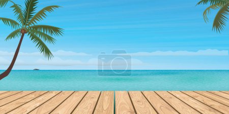 Ilustración de Muelle de madera con ilustración de vector de plantilla de fondo de mar azul tropical tiene espacio en blanco para publicidad o presentación de productos. - Imagen libre de derechos