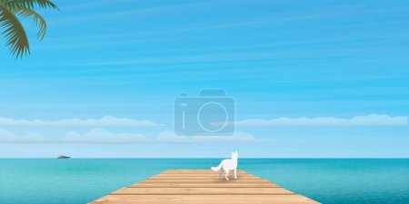 Illustration for Dog on wooden pier at seaside with blue sky background vector illustration. Travelling with pet to the tropical blue sea concept have blank space. - Royalty Free Image