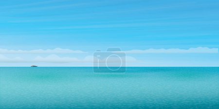 Téléchargez les illustrations : Mer bleue tropicale avec yacht à l'horizon ont bleu ciel illustration vectorielle de fond. Seascape concept vue de côté design plat ont espace vide. - en licence libre de droit
