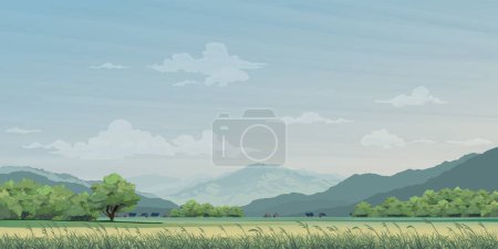 Countryside rice fields landscape with small town and mountain range flat design graphic vector illustration have blank space.