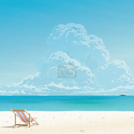 Ilustración de Mar azul tropical con playa y silla gráfico ilustrado tienen fondo cuadrado cielo azul. Paisaje marino tienen espacio en blanco. - Imagen libre de derechos