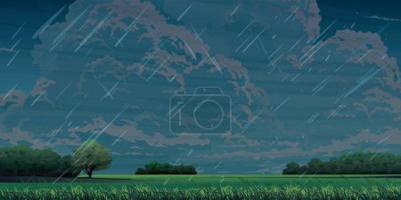 Raining in countryside rice fields landscape flat design graphic vector illustration have blank space.