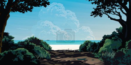 Silhouettenbaum mit Buschwerk im Vordergrund haben den Strand und das tropische blaue Meer Hintergrundgrafik veranschaulicht. Ferienreise-Konzept flache Gestaltung.