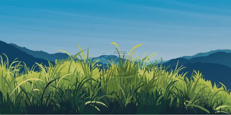 Glass field and mountain ranges spring season flat design graphic illustration. Environment concept template have blank space.