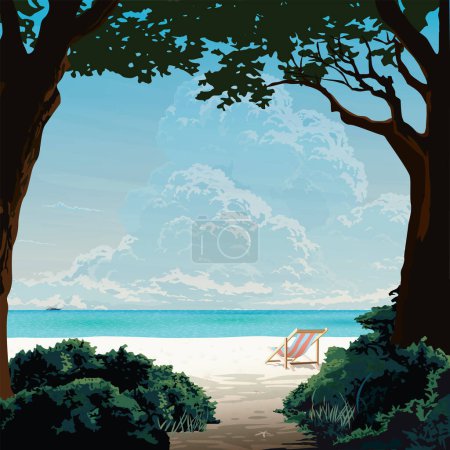 Silhouette Baum mit Busch im Vordergrund haben den Strand, Stuhl und tropisches blaues Meer quadratische Hintergrundgrafik dargestellt. Ferienreise-Konzept flache Gestaltung.