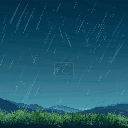 Raining in countryside landscape have glass fields, mountain range and dusk sky background flat design graphic illustration have blank space.
