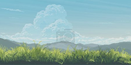 Countryside glass fields landscape with mountain range flat design graphic illustration have blank space.