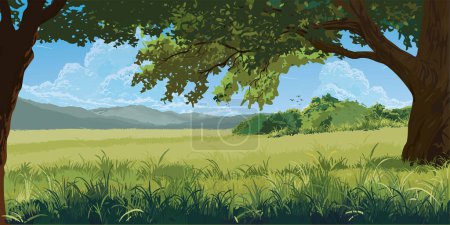 Countryside glass fields landscape with mountain range flat design graphic illustration.