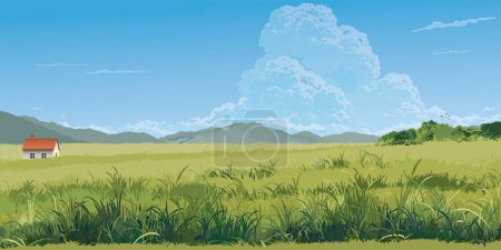 Country house in glass fields landscape with mountain range flat design graphic illustration.