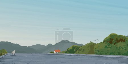 Wolf on local road through the valley at countryside in the morning flat design graphic illustrated have blank space.