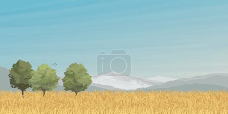 Téléchargez les illustrations : Les arbres dans le champ de blé avec des chaînes de montagnes et un graphique de fond bleu ciel illustré ont un espace vide. Concept de campagne avec des couleurs dorées champ d'orge. - en licence libre de droit