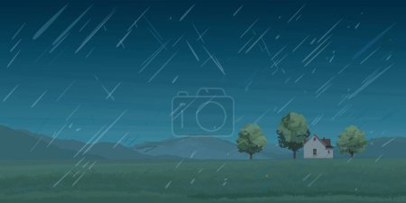 Raining in rural landscape side view flat design graphic illustrated have blank space.