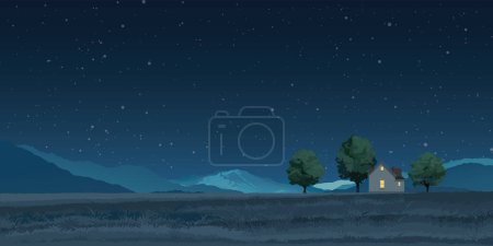 Night at rural landscape side view flat design graphic illustrated have blank space.