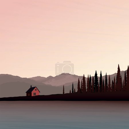 Minimalist sunset countryside landscape with lake, mountain ranges, country house and silhouette pine forest graphic illustrated have blank space.