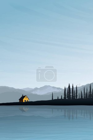 Paysage rural minimaliste avec lac, chaînes de montagnes, maison de campagne et silhouette pinède graphique illustré ont espace vide.