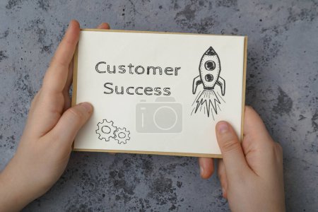 Photo for Woman holds card with words Customer success and rocket picture on concrete close upper view. Satisfaction of client needs. Business process - Royalty Free Image