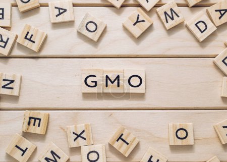 A jumble of wooden letters spell out GMO. The letters are scattered across the wooden surface, creating a sense of chaos and disarray. The image conveys a feeling of confusion and disorder
