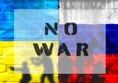 A poster with a blue, yellow, and red background with the words No War written in black