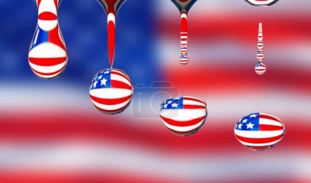 Sequenz eines abtropfenden Wassertropfens, die Flagge der USA spiegelt sich im Tropfen wider