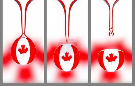 Sequenz eines abtropfenden Wassertropfens, die Flagge von Kanada spiegelt sich im Tropfen wider