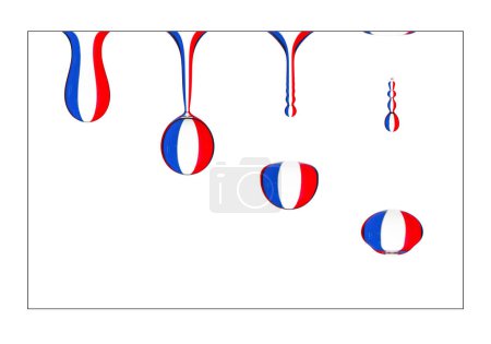 Sequenz eines abtropfenden Wassertropfens, die französische Flagge spiegelt sich im Tropfen wider