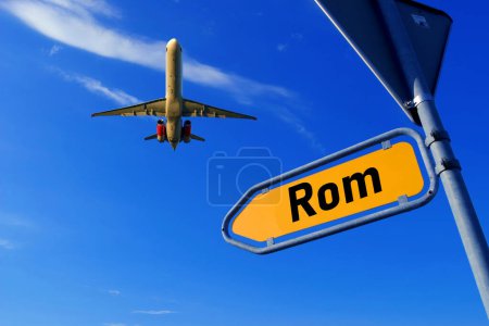 Photo for Travel destination sign Rome with a passenger airplane - Royalty Free Image