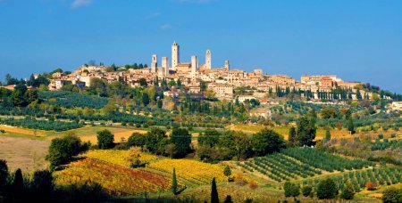 Foto de San Gimignano en otoño, torres de género, campos de olivos, viñedo, Toscana, Italia, Europa - Imagen libre de derechos