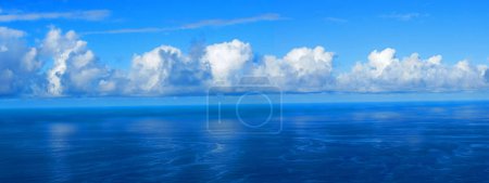Photo for Atlantic Ocean with white clouds, panoramic shot, from the mountain slopes near Barlovento, La Palma, Canary Islands, Spain - Royalty Free Image