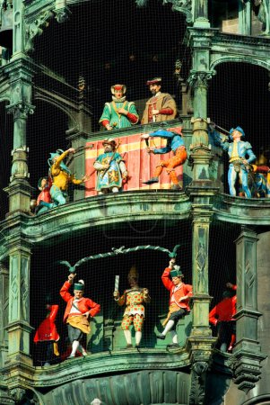 clock tower chimes, carillon of the new town hall at Marienplatz, Mary`s square, Munich, Bavaria, Germany