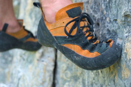 friction climbing shoes on a small foothold, Detail, Close Up