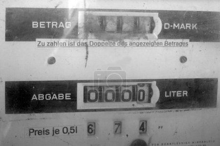 Munich, Bavaria, Germany, March 18th 2007, Display, meter of an old German petrol pump with Deutsche Mark, Pfennig and liter