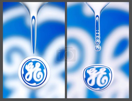 Téléchargez les photos : Macro prise de vue d'une goutte d'eau qui goutte, le logo General Electrics se reflète dans la goutte - en image libre de droit