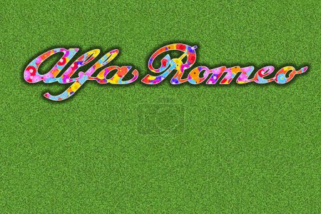Téléchargez les photos : Logo Alfa Romeo avec des fleurs colorées sur fond de trèfle vert - en image libre de droit