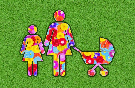 Pictogram of a woman with daughter and pram, depicted with colourful flowers